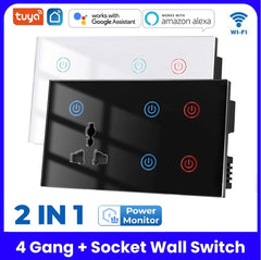 Tuya Smart WiFi 4 gang + Socket Wall Switch - White/Black