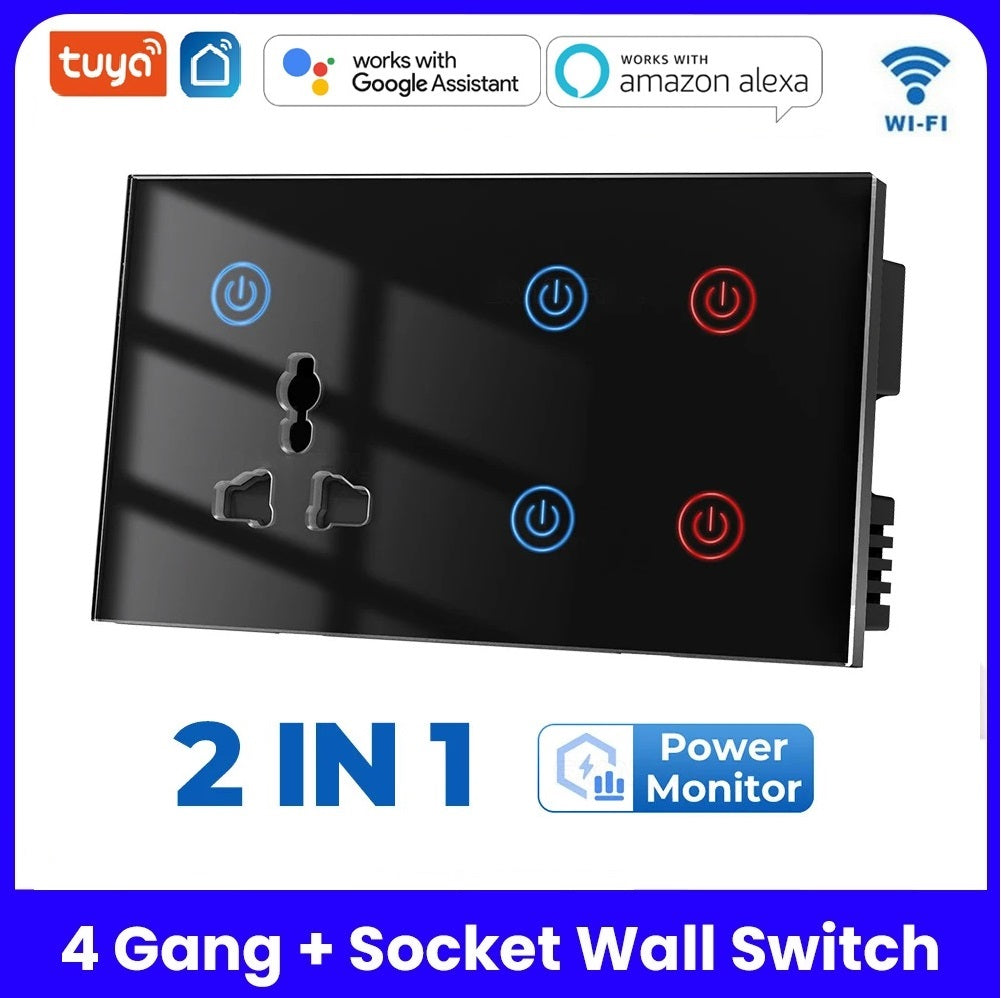Tuya Smart WiFi 4 gang + Socket Wall Switch - White/Black