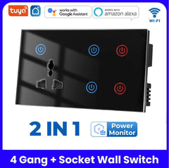 Tuya Smart WiFi 4 gang + Socket Wall Switch - White/Black