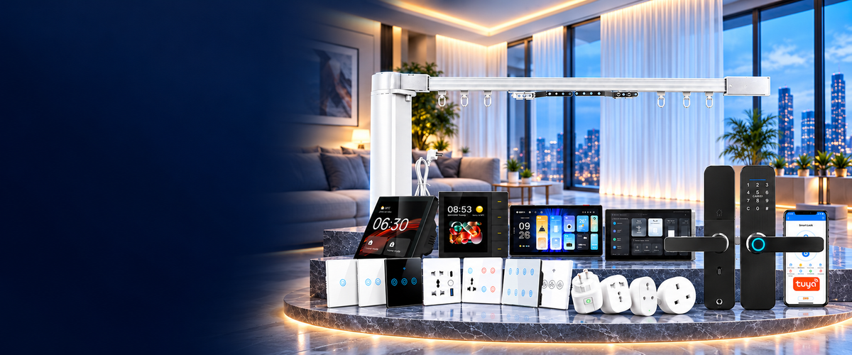 Home automation products including curtain motor, control panels, smart locks, wall switches and WiFi plugs