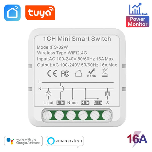 Tuya WiFi Smart Switch 16A Mini Module with Power Monitoring | Alexa & Google Compatible