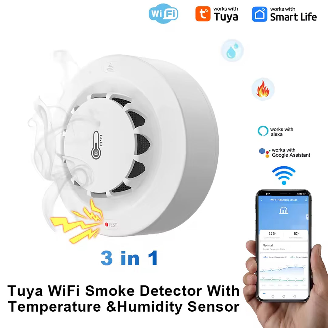 Tuya WiFi Smart Smoke Detector with Temperature & Humidity Sensor, 80dB Alarm, Remote Alerts